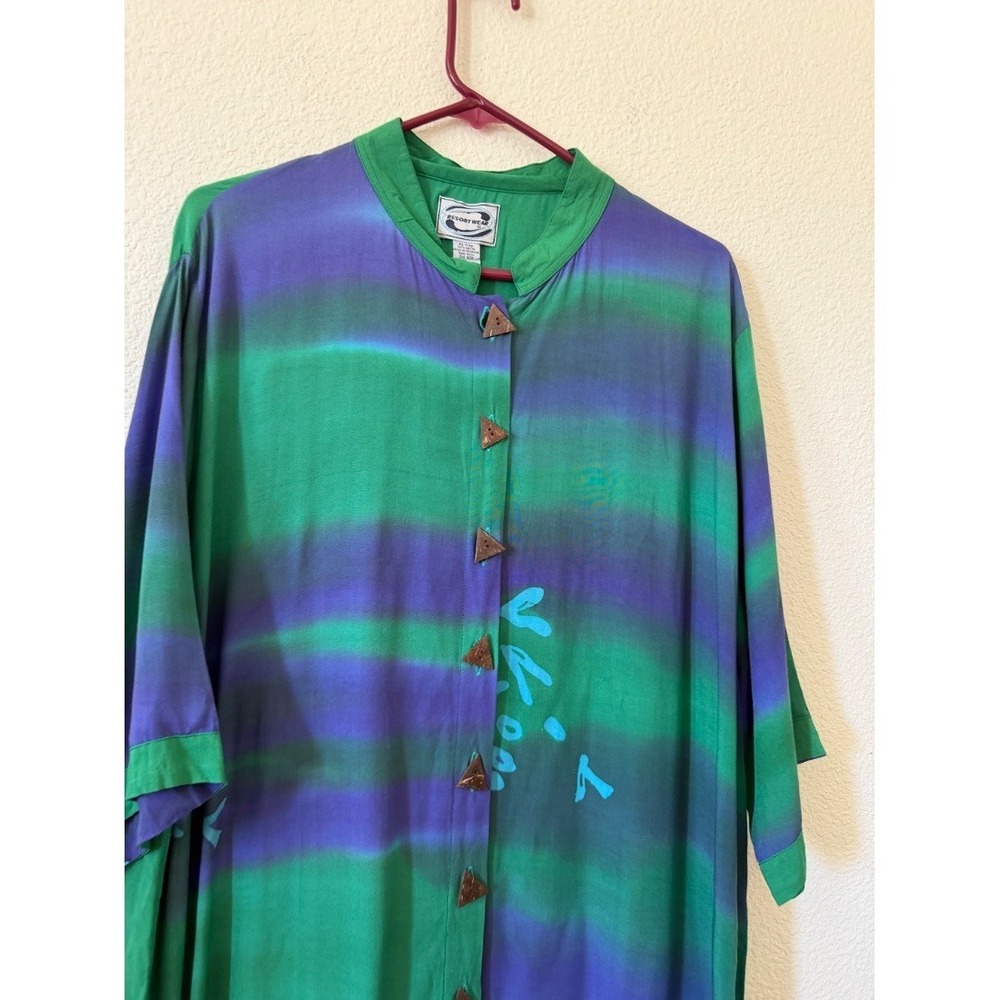 Resort Wear Womensโ Tie Dye Shirt Dress Green Purple Rayon One Size Boho Midi - Picture 5 of 16